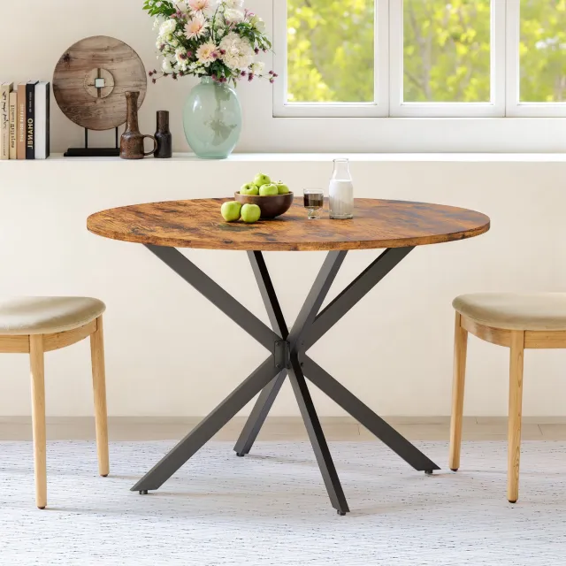 Zubaliya Ronde Industriële Eettafel Ø120 Cm - Vintage Bruin-Zwart - Eettafel Met X-Poten - Ronde Tafel Voor Keuken Woonkamer En Eethoek Voor 4-6 Personen