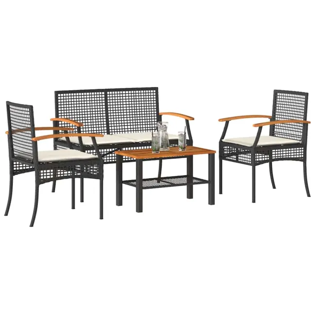 vidaXL 4-delige Loungeset met kussens poly rattan zwart