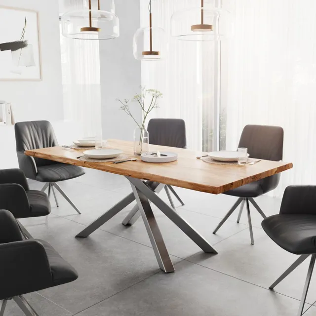 DELIFE Eetkamertafel Edge acacia natuur 200x100 kruisframe rechthoek roestvrij staal Live-Edge Bruin