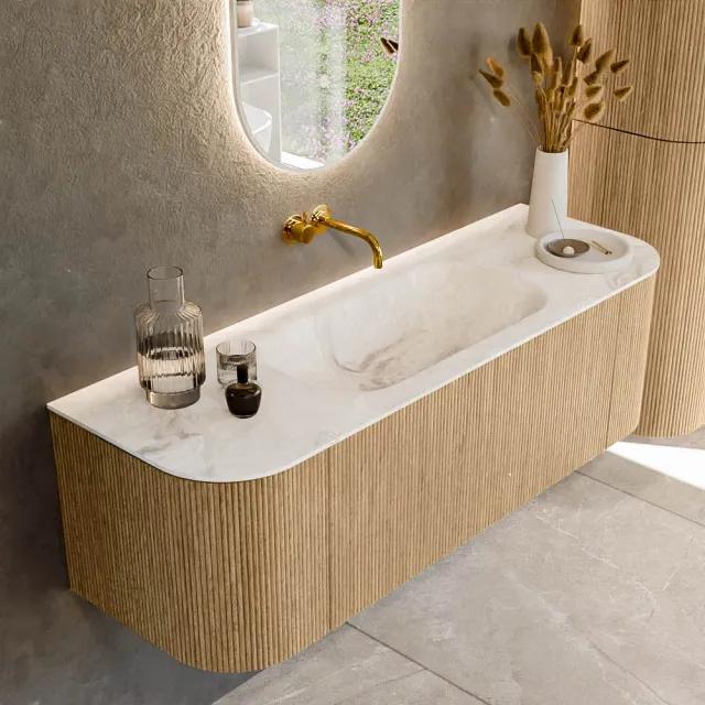 Mondiaz KURVE-DLUX 140 cm Onderkast Greeploos 1 Lade Met Deuren Oak, Wastafel Solid Surface Midden Frappe 0 Kraangaten Zonder Spiegel (KRVBGS140L+R1L2D0KM-Oak/Fra)