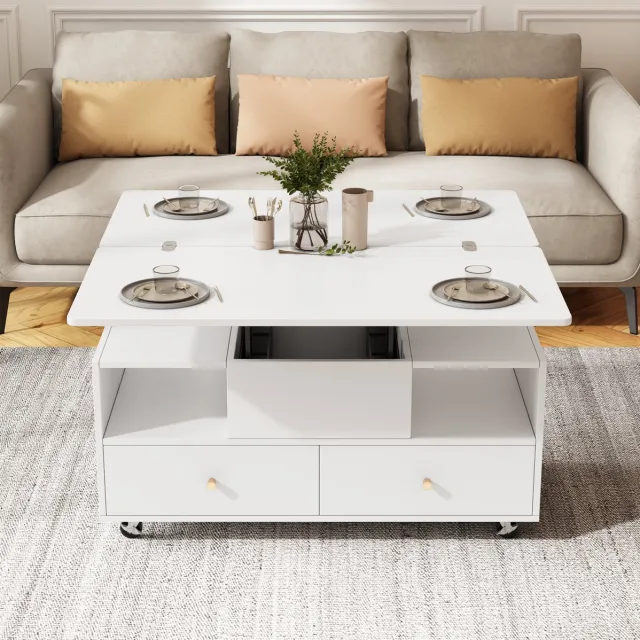 Wishdor Salontafel - Verstelbaar en opklapbaar - Hydraulisch met 4 lades en wieltjes - Modern - Woonkamer eetkamer kantoor - MDF - Wit - 100 x 50 x 62 cm
