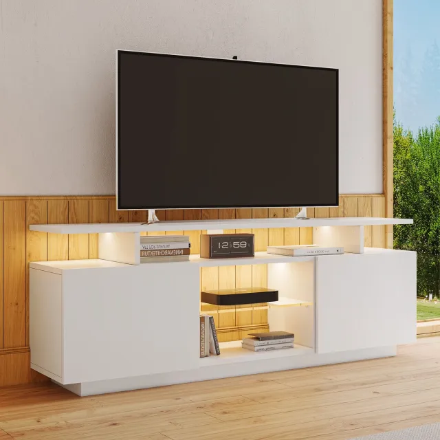 MIVRAY Televisiemeubel - Hoogglans Deuren Met Ledverlichting Via App - Opbergvakindeling Voor Woonkamer - Spaanplaat - 140x35x55 Cm - Wit