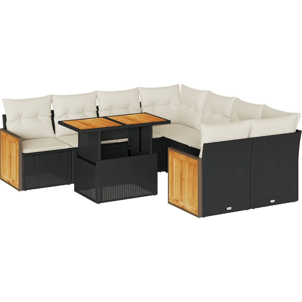 vidaXL 9-delige Loungeset met kussens poly rattan acacia zwart, foto 3