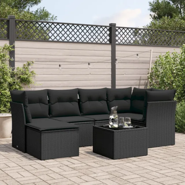 vidaXL 7-delige Loungeset met kussens poly rattan zwart, foto 2
