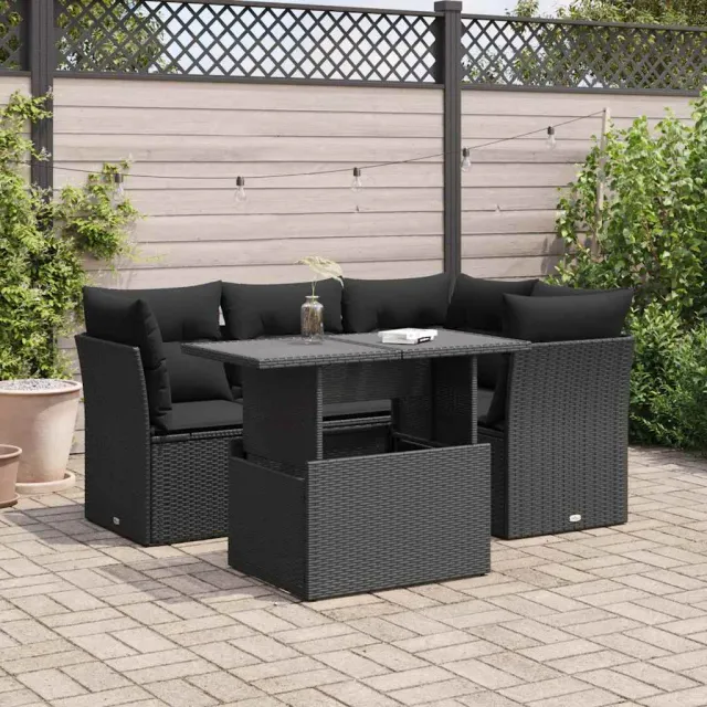 vidaXL 5-delige Loungeset met kussens poly rattan zwart, foto 2