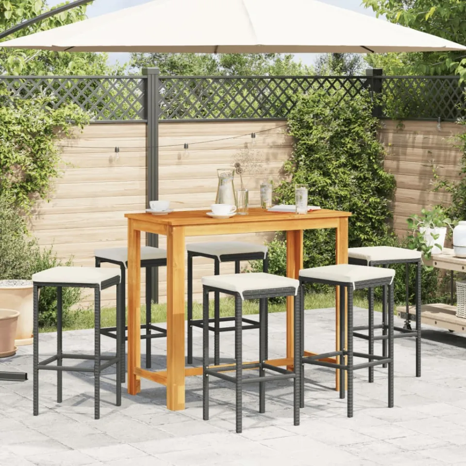 vidaXL 7-delige Tuinbarset massief acaciahout en poly rattan zwart, foto 3