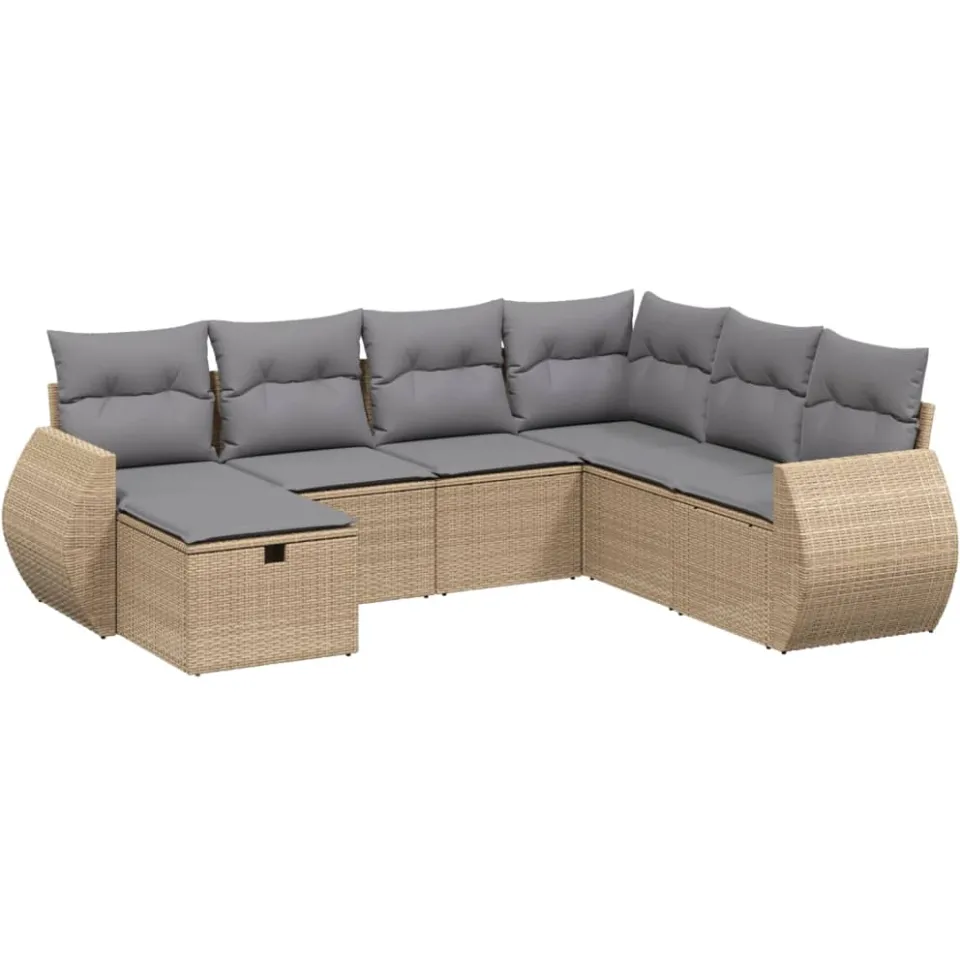 vidaXL 7-delige Loungeset met kussens poly rattan gemengd beige, foto 3