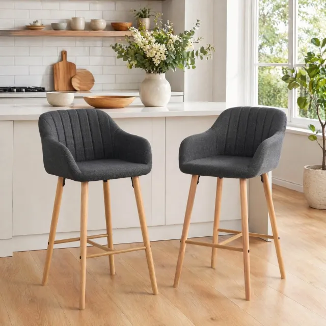 Wishdor Barkruk set van 2 - Hoge rugleuning en armleuningen - Stof - Scandinavisch - 75 cm zithoogte - Zwart - 58,5 x 55 x 104 cm