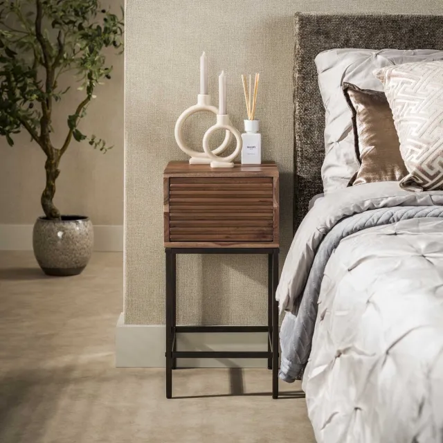 PS-Collection Nachtkastje Line 1 Lade Acacia Hout Bruin Metaal - nachtkast, nachtkastje, nachtkastjes, nachtkastjes industrieel, nachtkastje hout, nachtkastjes modern, nachtkastje zwevend