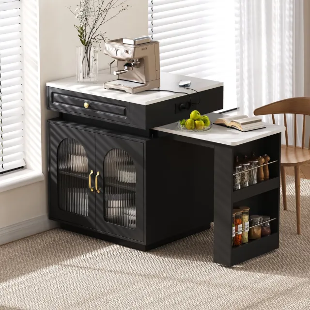 HAUSS SPOLE Eettafel - Uitschuifbare Keukeneilandtafel Met Ledverlichting En Oplaadpunt - Voor Keuken En Eetkamer - Zwart - 128-200x71x92 Cm