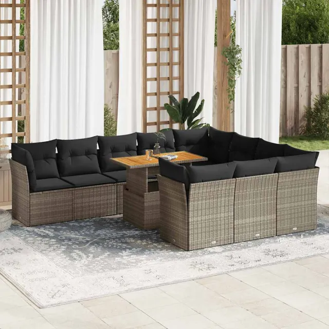 vidaXL 11-delige Loungeset met kussens poly rattan grijs