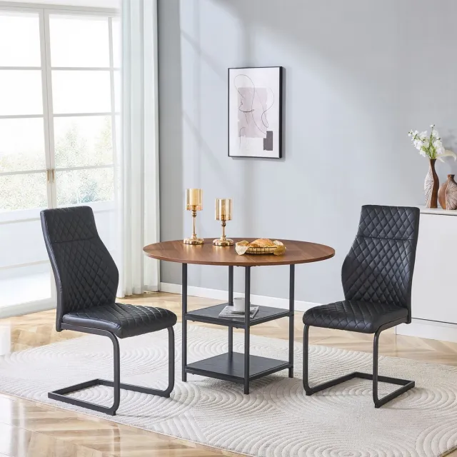 HAUSS SPOLE Set Tafel En Stoelen - Ronde Eettafel Met Dubbele Opbergniveaus - Voor Eethoek En Keuken - MDF Metaal En PU Leer - Zwart Walnoot
