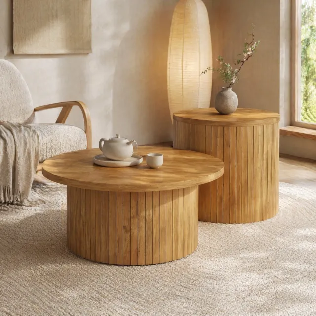 CHICFURN Salontafel 75 cm - Set van 2 - Rond - MDF - Naturel