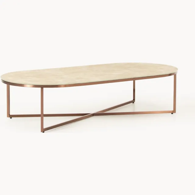 Westwing Collection Ovale salontafel Antigua met glazen tafelblad in marmerlook, klein Beige, Koper
