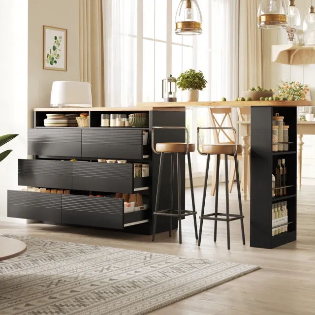 MIVRAY Bartafel - Uitschuifbaar Met 6 Lades En Opbergruimte - Draaibaar Voor Keuken Woonkamer En Werkplek - MDF - Zwart - 137-215x39x102,3 Cm