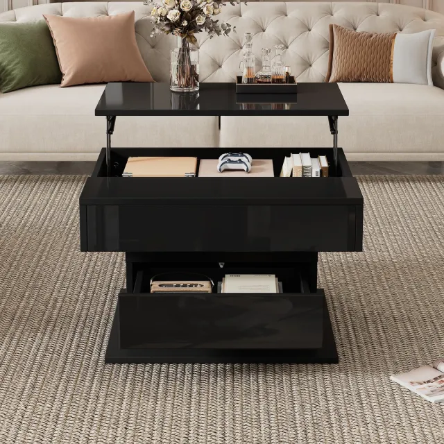 HAUSS SPOLE Salontafel - Verstelbare Tafel Met 360° Draaibaar Blad En Lade - Hoogglans Met Verborgen Opbergruimte - Spaanplaat - 70x70x45 Cm - Zwart