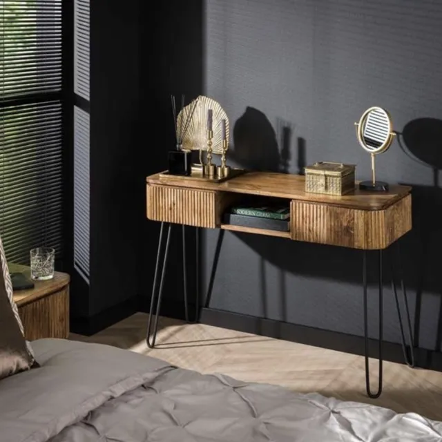 PS-Collection Wave 2 Lade Kaptafel - 110x40x77cm - Zandkleur - Mango/Metaal - wandtafel, haltafel met lades, haltafel zwart, haltafel hout, hal tafel, haltafel met lades industrieel, haltafel industrieel, klaptafel, kaptafels, kaptafel zwart Bruin