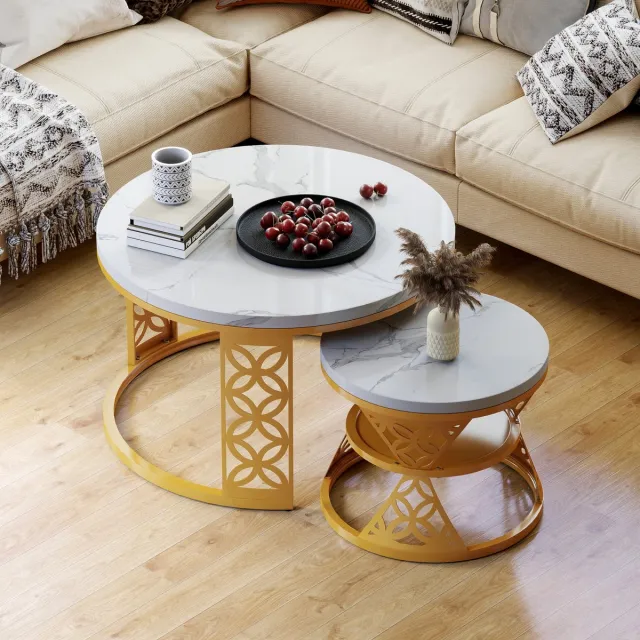 HAUSS SPOLE Rond 2-Delig Salontafelset - Hittebestendig MDF Marmorlook - Woonkamer - Voor Huishoudens - Ruimtebesparend - 70x70x45 & 45x45x37 cm - MDF + Metaal - Wit+Goud