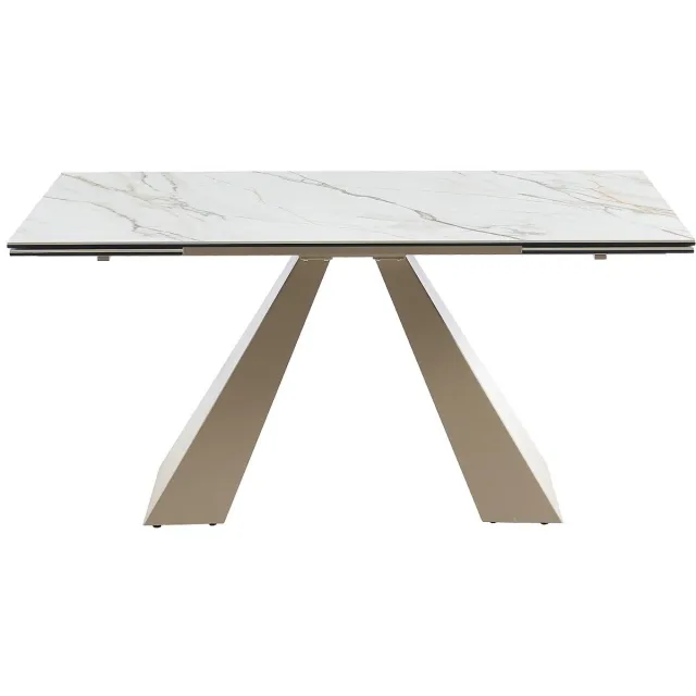 Vente-unique Verlengbare eettafel 6 tot 10 personen van keramiek en metaal - Wit en beige marmereffect - LOZIPA