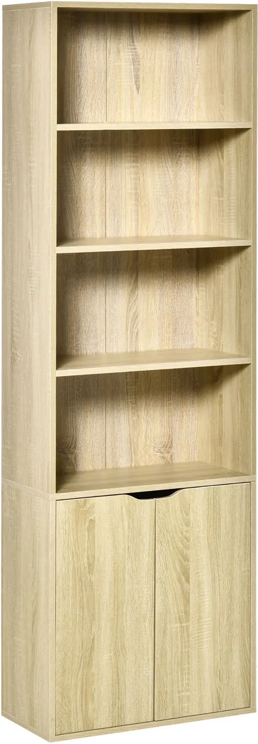 Lunpog Boekenkast met 6 planken - opbergkast - 59 x 29 x 180 cm - zwart | Boekenkast - 4 open vakken - 2 deuren - opbergrek - Natuurlijk hout Bois naturel