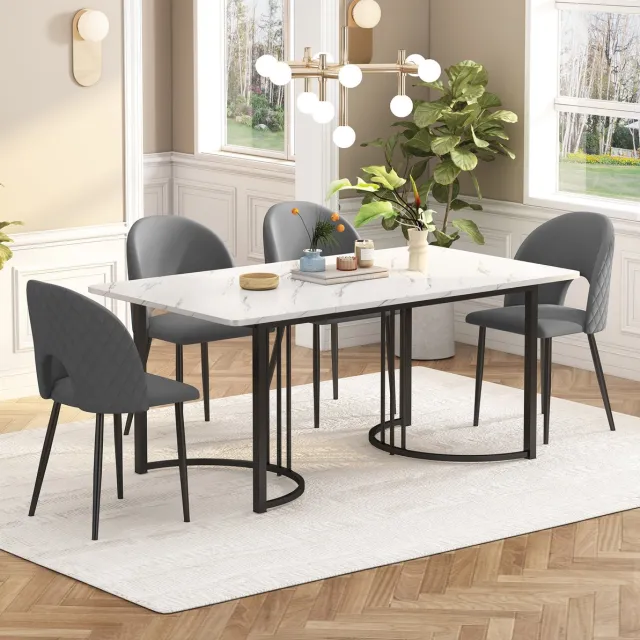 MEUNIQ Eetkamerset 140 x 80 cm – eettafel met 4 eetkamerstoelen, wit marmerlook tafelblad, grijze velours stoelen, verstelbare poten, modern voor eetkamer Grey; Wit; Zwart