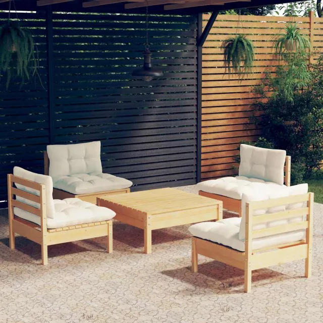 vidaXL 5-delige Loungeset met crèmekleurige kussens grenenhout, foto 2