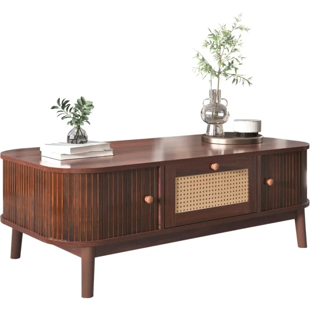 MODFU Salontafel 110x55x38,5 cm van MDF, rattan en massief hout, naturel landhuisstijl met schuifdeuren Natuurlijk