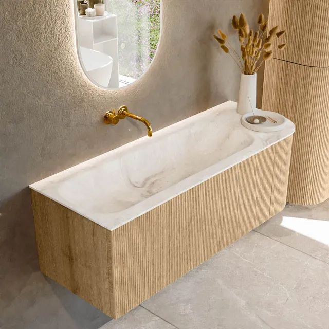 Mondiaz KURVE-DLUX 125 cm Onderkast Greeploos 1 Lade Met Deuren Oak, Wastafel Solid Surface Links Frappe 0 Kraangaten Zonder Spiegel (KRVBGM125R1L1D0KL-Oak/Fra)