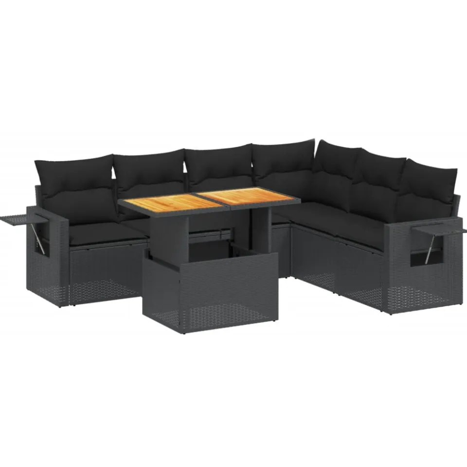vidaXL 7-delige Loungeset met kussens poly rattan zwart
