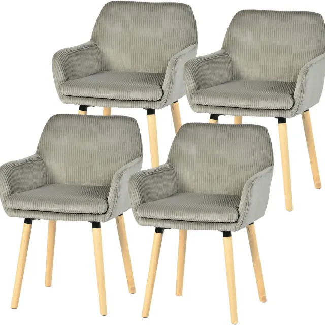 MEUBLE COSY Meubles Cosy Eetkamerstoel - Set Van 4 Fluweel Ribstof Houten Poten Scandinavisch Design - Lichtgrijs