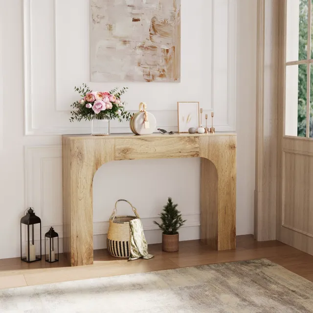 Triumpunpre Slank landelijk wandtafel voor de woonkamer – smalle houten entreetafel met rustiek eikenaccent, ruimtebesparend gangmeubel, geschikt achter de bank of in de hal, 120 cm lichte eik