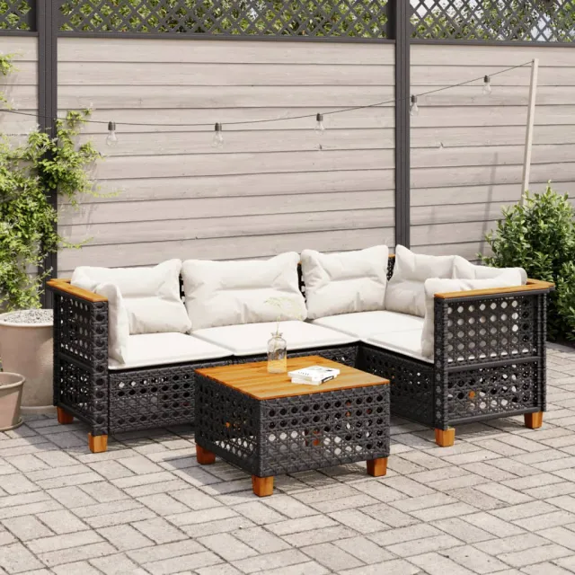 vidaXL 5-delige Loungeset met kussens poly rattan zwart, foto 2