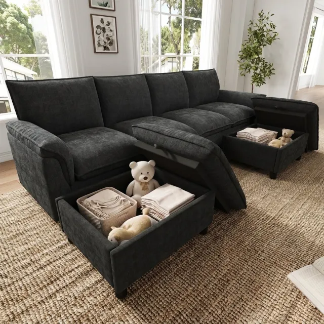 Zubaliya U Bank - Modulaire 4-Zits Hoekbank Met 2 Voetenbanken - Chenille Cloud Sofa Met Diepe Zit En Verborgen Opbergruimte - Zachte Lounge Bank Met Hoge Rug Voor Woonkamer - Zwart