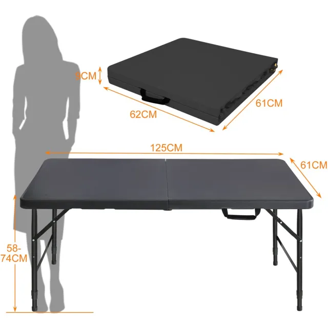 DESMIU Opvouwbare Picknicktafel - In Hoogte Verstelbaar Met Handgreep - Voor Camping En Feesten - Kunststof En Staal - 125 x 61 cm - Zwart