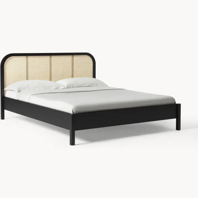 Westwing Collection Houten bed Jones met Weens vlechtwerk hoofdeinde Beige, Zwart