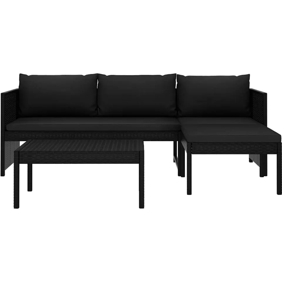 vidaXL 3-delige Loungeset met kussens poly rattan zwart, foto 2