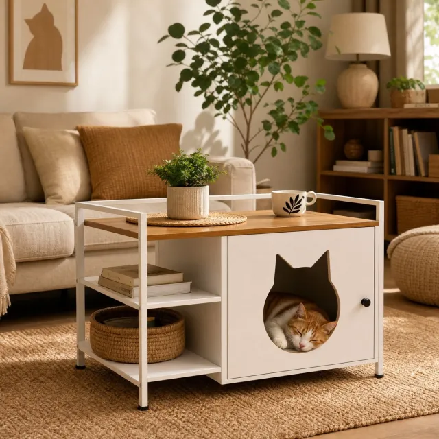 MIVRAY Katten Bijzettafel Met Opbergruimte En Kattenkopopening - Modern Voor Woonkamer En Slaapkamer - MDF En Metaal - Wit Licht Eiken