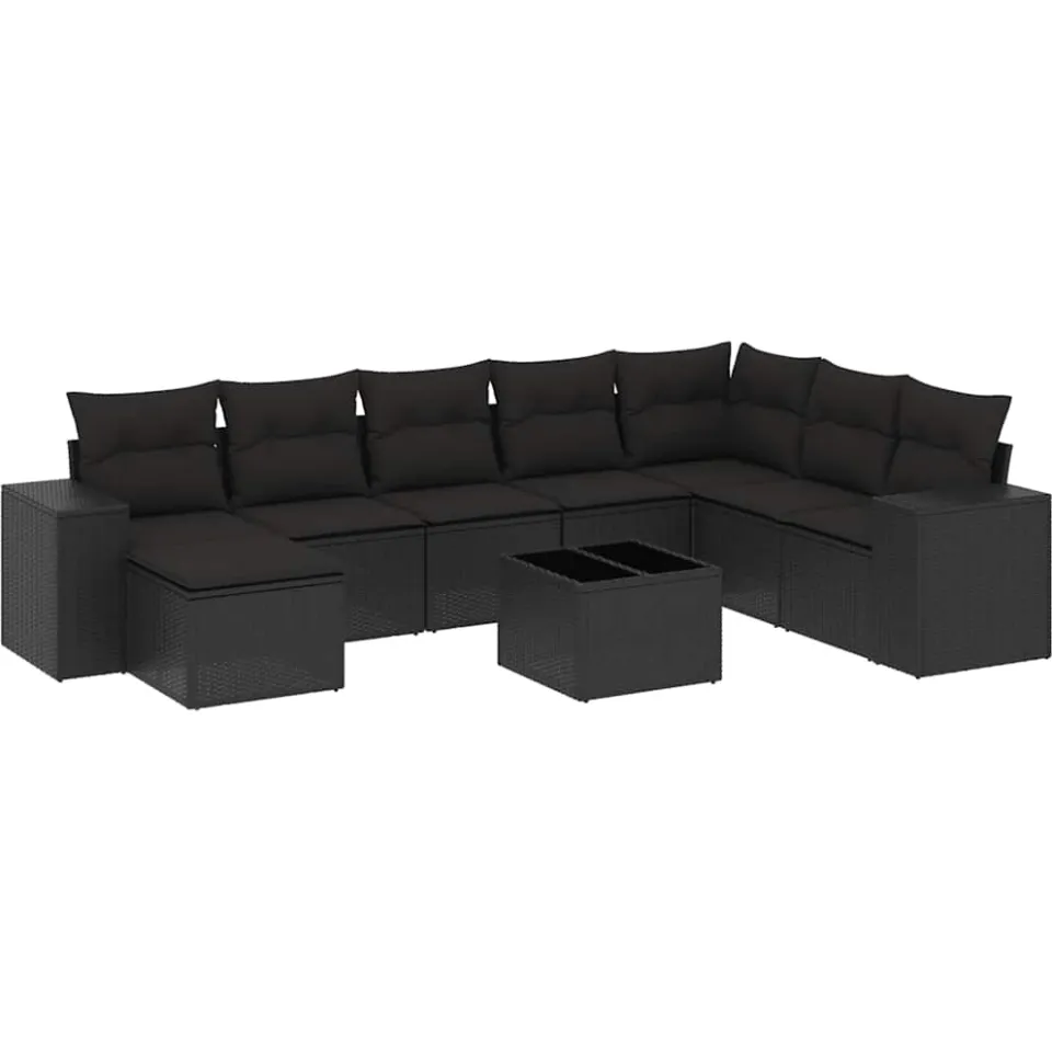 vidaXL 9-delige Loungeset met kussens poly rattan zwart, foto 3