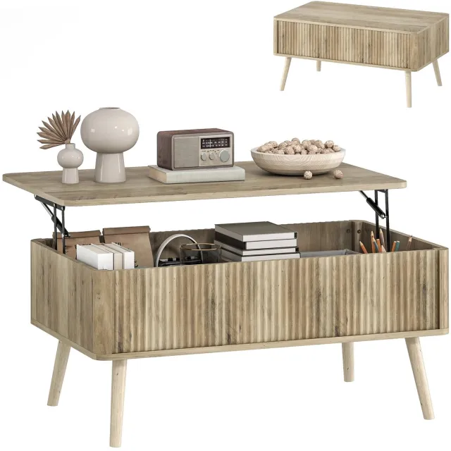 Questyr Verhoogde Salontafel – Lift‑Top – Verborgen Opbergvakken – 91×56×43 cm – Eiken – Grenen Houten Poten – Moderne Woonkamertafel lichtbruin (eiken hout)