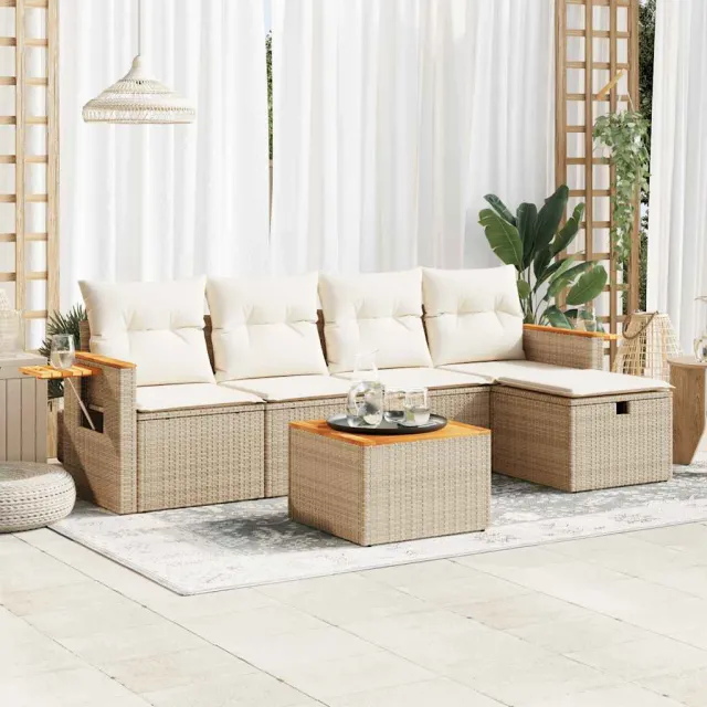 vidaXL 6-delige Loungeset met kussens poly rattan beige, foto 2