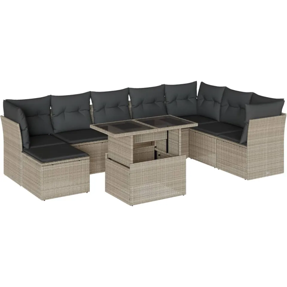 vidaXL 9-delige Loungeset met kussens poly rattan lichtgrijs grijs
