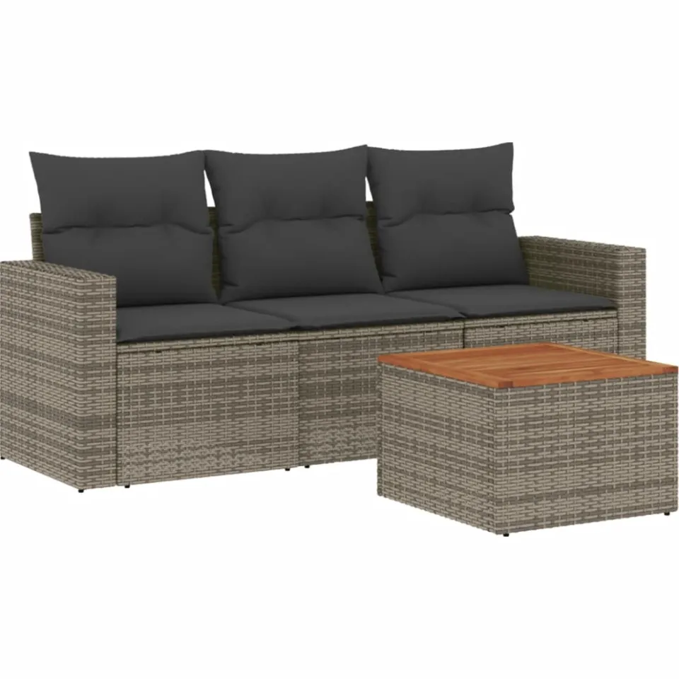 vidaXL 4-delige Loungeset met kussens poly rattan grijs, foto 3