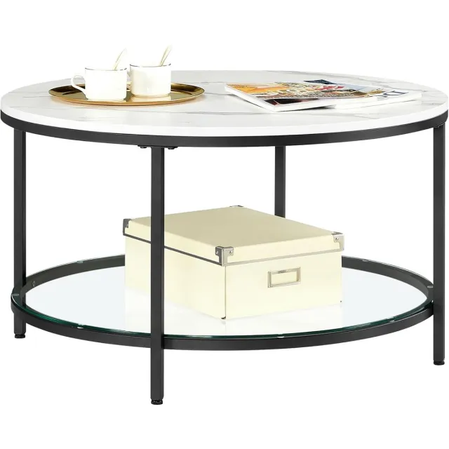 Vasagle LCT071B13 Salontafel, woonkamertafel, voor woonkamer, met glazen blad, veel opbergruimte, eenvoudige montage, moderne stijl, marmeren wit-inktzwart
