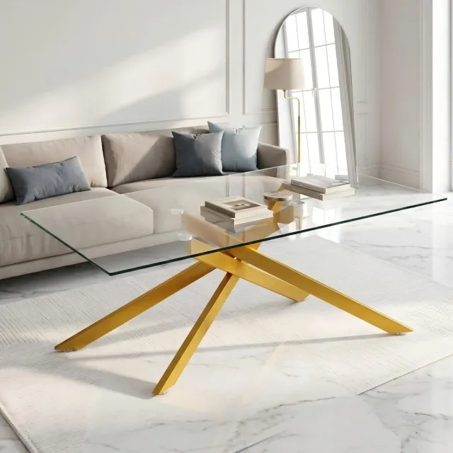 FloraGrace Salontafel Met Gehard Glazen Blad En Gouden Metalen Onderstel Voor Woonkamer 120x60x46 Cm Gold