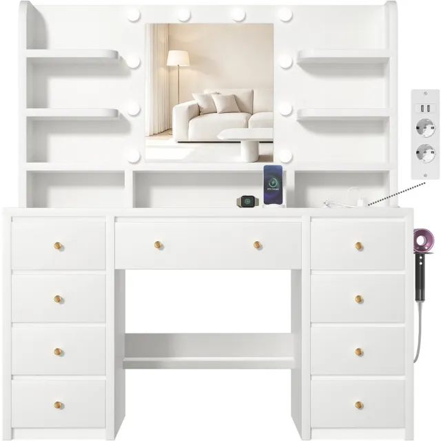 Lexzurn Kaptafel - make up tafel met spiegel - 3 soorten LED-verlichting - Met kettinghaken - met haak voor föhn - met stopcontact en USB-poorten - 140x107x40 cm - geschikt voor slaapkamers en kleedkamers - wit