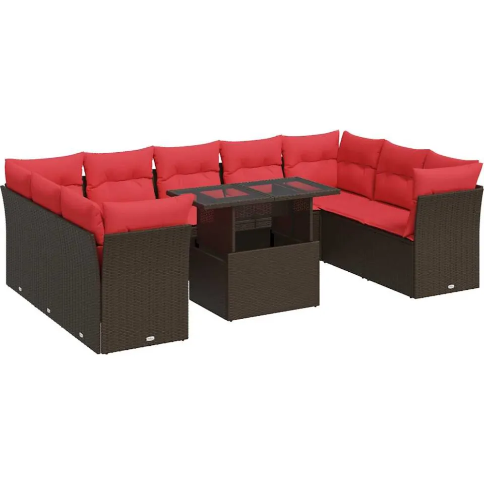 vidaXL 10-delige Loungeset met kussens poly rattan acacia bruin, foto 3