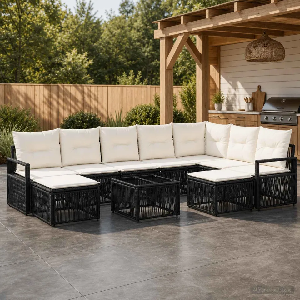 vidaXL Tuinbankenset 10 st Zwart poly rattan, foto 3