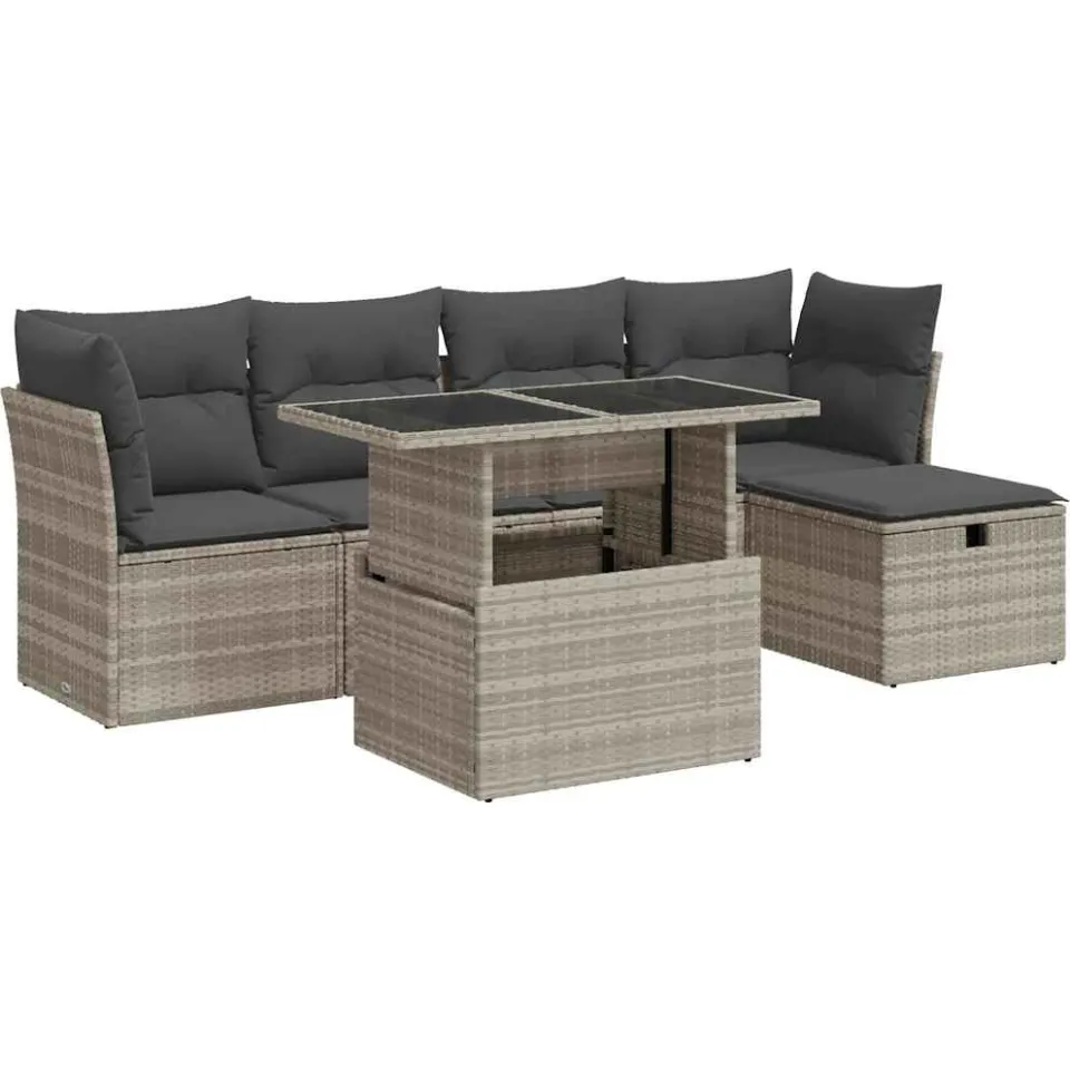vidaXL 6-delige Loungeset met kussens poly rattan lichtgrijs grijs, foto 3