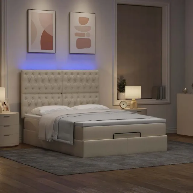 vidaXL Ottoman bed met matras en LED's 140x190cm stof crèmekleurig