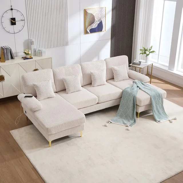 KOMHTOM Moderne U-bank met sfeerverlichting en USB-C-poort. Massief houten frame, 4 luxe kussens en ergonomische rugleuning van topkwaliteit voor maximaal comfort, beige.